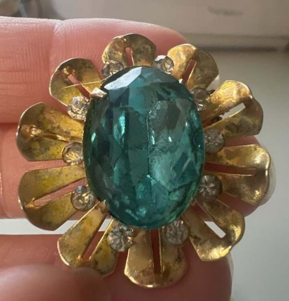 Vintage Gold Tone Floral Brooch with Teal Rhinestone Center